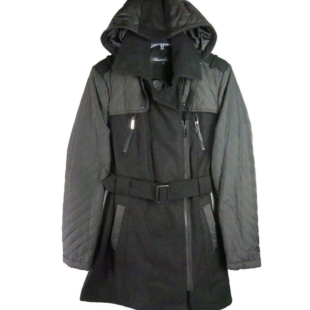 Kenneth Cole New York Women Size M (8) Black Down Full Jacket Hood Belt Font Zip